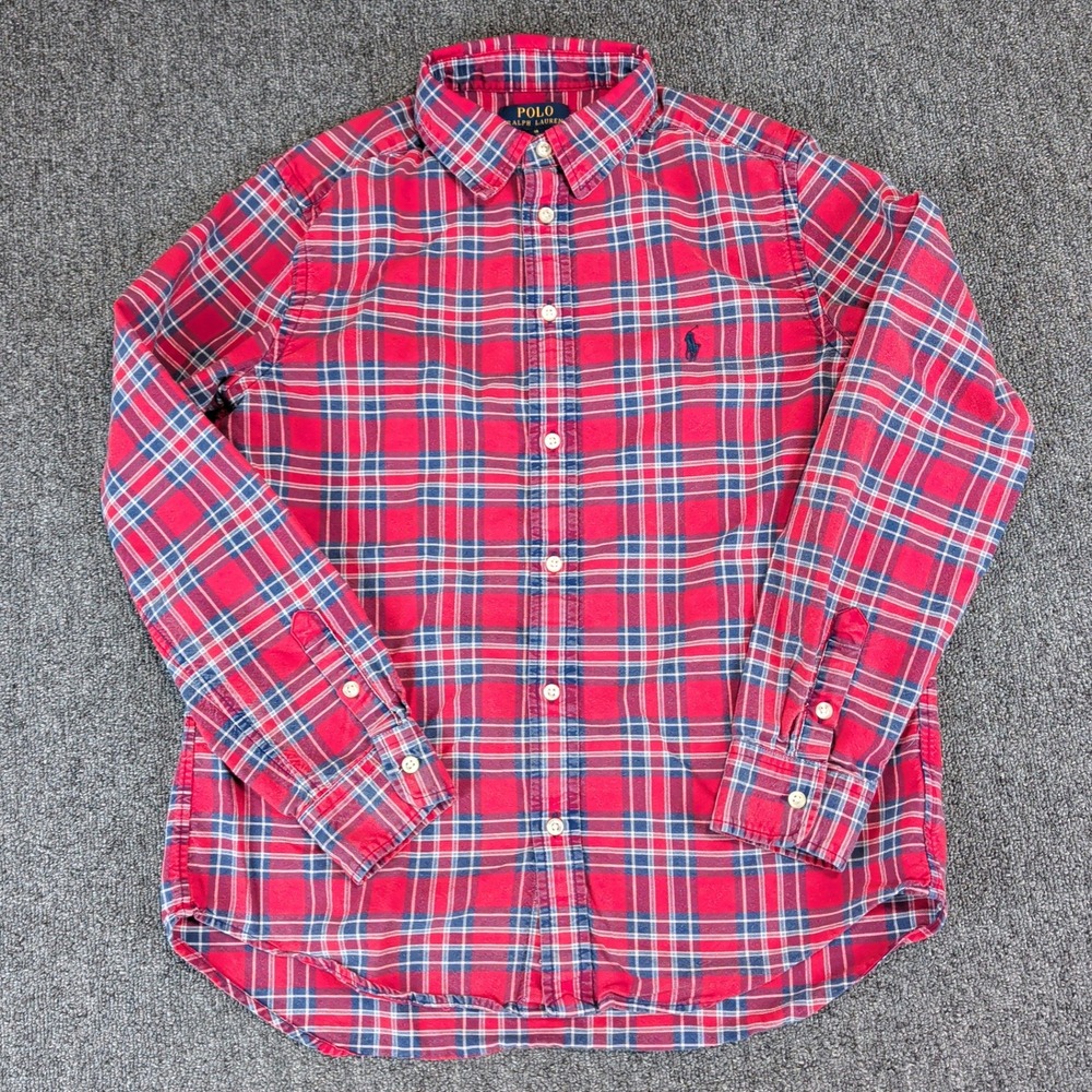 Polo Ralph Lauren Classic Plaid Button Down Shirt Boys 18 Red Blue 100% Cotton — photo 2